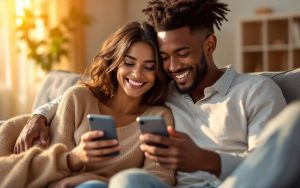 Couple souriant assis côte à côte sur un canapé, chacun tenant son téléphone et échangeant des messages sur une application de rencontres, lumière chaude de coucher de soleil filtrant en volumétrie, ambiance intime et naturelle.