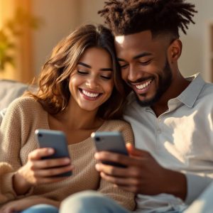 Couple souriant assis côte à côte sur un canapé, chacun tenant son téléphone et échangeant des messages sur une application de rencontres, lumière chaude de coucher de soleil filtrant en volumétrie, ambiance intime et naturelle.
