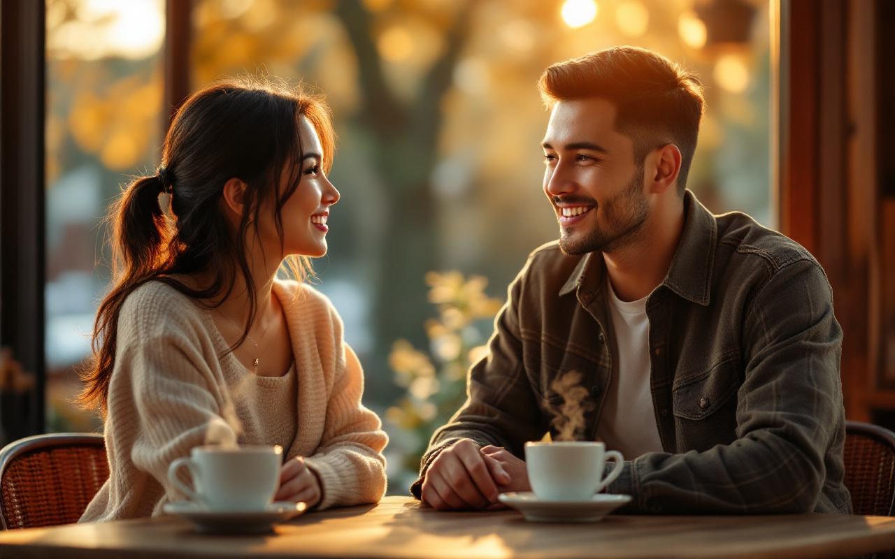 Une femme et un homme asiatiques discutent paisiblement dans un café chaleureux, assis à une table en bois avec des tasses de café, la lumière dorée du coucher de soleil traverse la fenêtre, ambiance intime, naturelle et confortable.