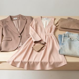 Composition mode moderne et féminine avec un blazer élégant, une robe midi, un jean plié et des accessoires soigneusement rangés sur une table en bois clair, éclairage studio doux et détails nets.