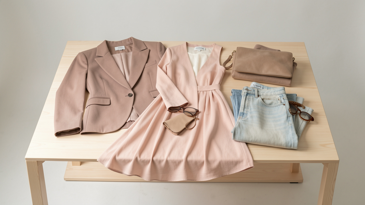 Composition mode moderne et féminine avec un blazer élégant, une robe midi, un jean plié et des accessoires soigneusement rangés sur une table en bois clair, éclairage studio doux et détails nets.