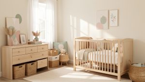 Chambre de bébé lumineuse et apaisante avec mobilier en bois clair, paniers de rangement tressés et décoration aux tons pastel.