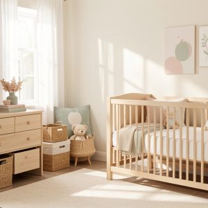 Chambre de bébé lumineuse et apaisante avec mobilier en bois clair, paniers de rangement tressés et décoration aux tons pastel.
