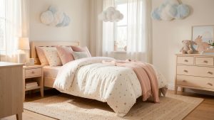 Chambre d’enfant lumineuse décorée de linge en gaze de coton à motifs étoiles, de coussins doux et d’éléments poétiques dans des tons pastel.