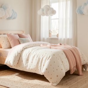 Chambre d’enfant lumineuse décorée de linge en gaze de coton à motifs étoiles, de coussins doux et d’éléments poétiques dans des tons pastel.