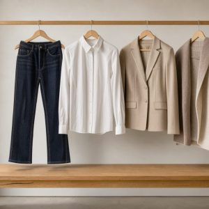 Dressing féminin lumineux et minimaliste présentant un jean brut, une chemise blanche, une veste beige et des vêtements en maille de laine sur des cintres en bois.