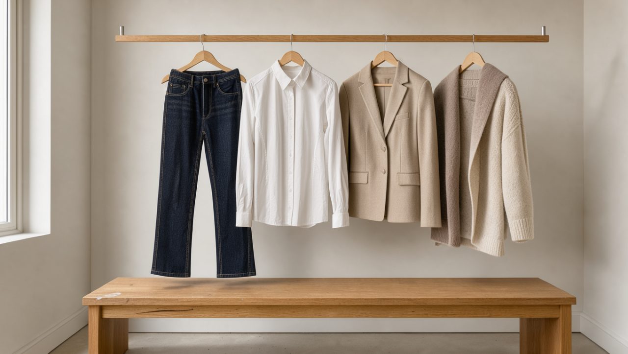 Dressing féminin lumineux et minimaliste présentant un jean brut, une chemise blanche, une veste beige et des vêtements en maille de laine sur des cintres en bois.