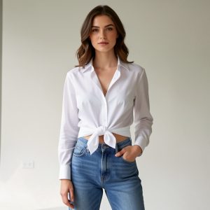 Femme portant une chemise blanche nouée à la taille et un jean bleu taille haute, photographiée dans un style éditorial moderne à la lumière naturelle.