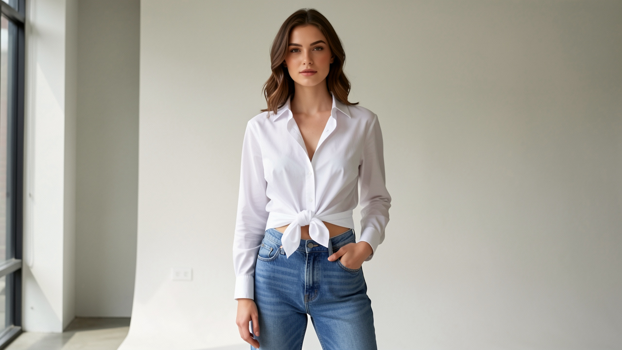 Femme portant une chemise blanche nouée à la taille et un jean bleu taille haute, photographiée dans un style éditorial moderne à la lumière naturelle.