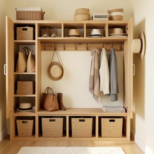 Meuble d’entrée compact avec casiers ouverts, paniers, patères et banc pour ranger sacs, chapeaux et écharpes dans un studio.