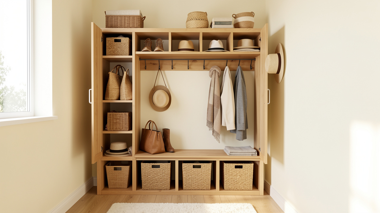 Meuble d’entrée compact avec casiers ouverts, paniers, patères et banc pour ranger sacs, chapeaux et écharpes dans un studio.