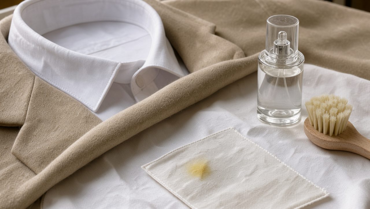 Col de chemise blanche et veste beige protégés par un tissu en coton, avec un vaporisateur de parfum et une légère tache jaune visible sur un échantillon textile.