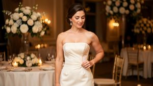 Femme adulte portant une élégante robe de cérémonie sans bretelles et vérifiant discrètement le maintien du corsage dans une réception de mariage.