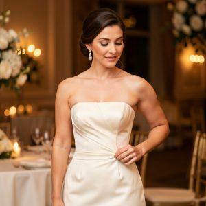 Femme adulte portant une élégante robe de cérémonie sans bretelles et vérifiant discrètement le maintien du corsage dans une réception de mariage.